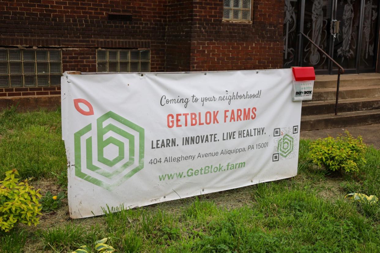 A sign outside of the former St. Joseph School of West Aliquippa. The former catholic school, located at 404 Allegheny Avenue, was purchased by Get Blok Farms to create an indoor farming center.