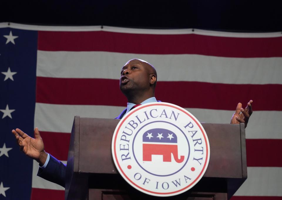 Republican presidential candidate hopeful Sen. Tim Scott speaks during the Lincoln Dinner on Friday, July 28, 2023, at the Iowa Events Center in Des Moines.