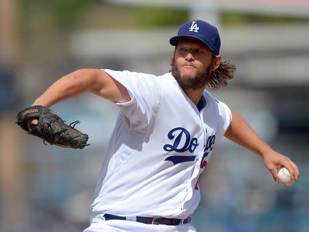 Oct 4, 2015; Los Angeles, CA, USA; Los Angeles Dodgers starting pitcher Clayton Kershaw (22) in the first inning of the game against the San Diego Padres at Dodger Stadium. Mandatory Credit: Jayne Kamin-Oncea-USA TODAY Sports