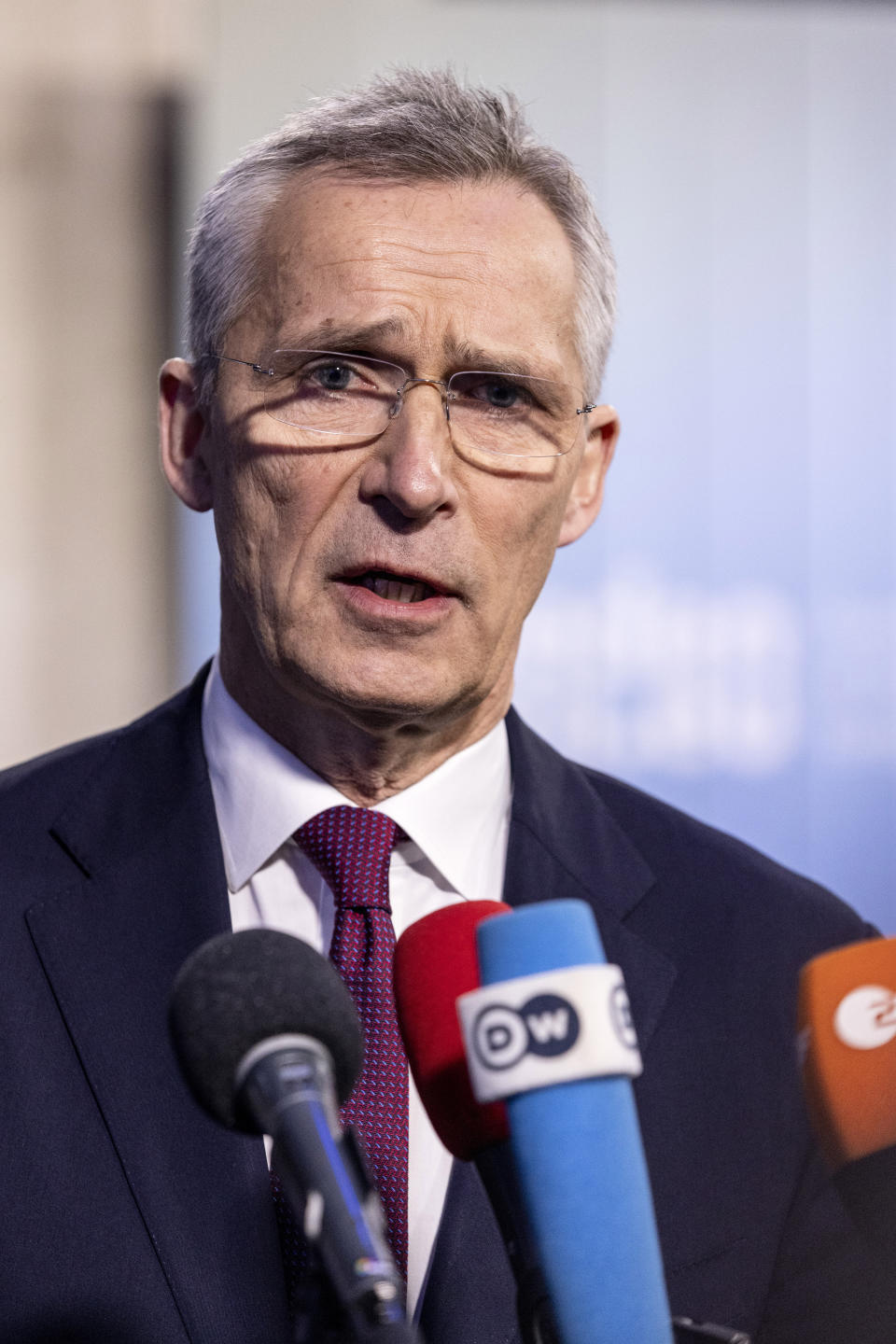 NATO Secretary General Jens Stoltenberg talks to journalists upon arrival to the informal meeting of EU defence ministers in Marsta outside Stockholm, Sweden Wednesday, March 8, 2023. (Christine Olsson/TT News Agency via AP)