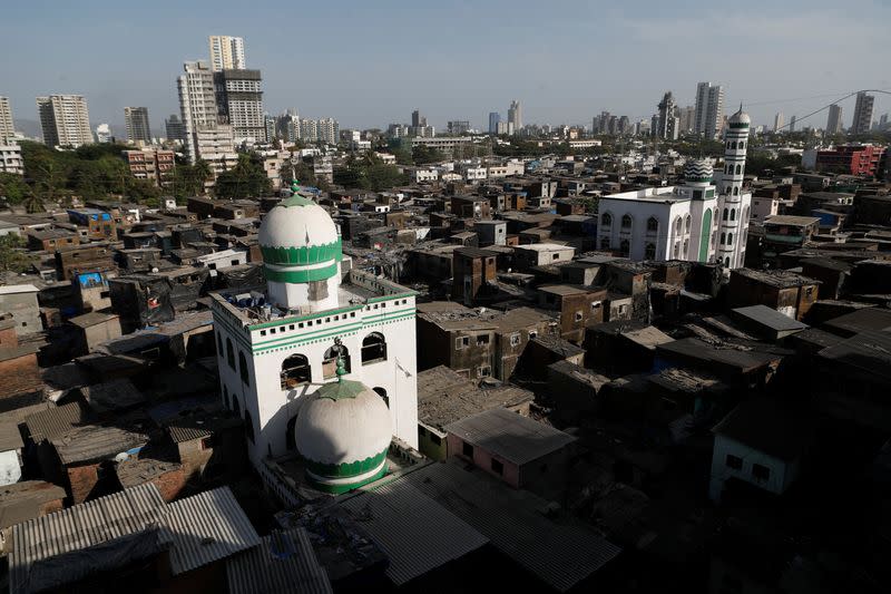 Mosques are seen amidst shanties in Dharavi, one of Asia's largest slums, Mumbai