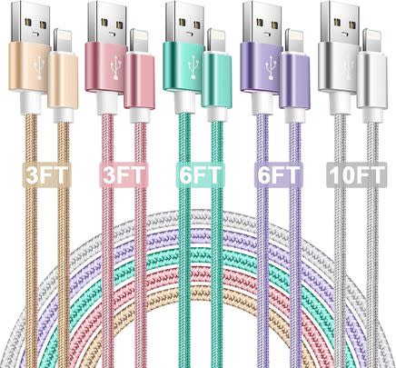A colorful five pack of USB lighting cables in different lengths