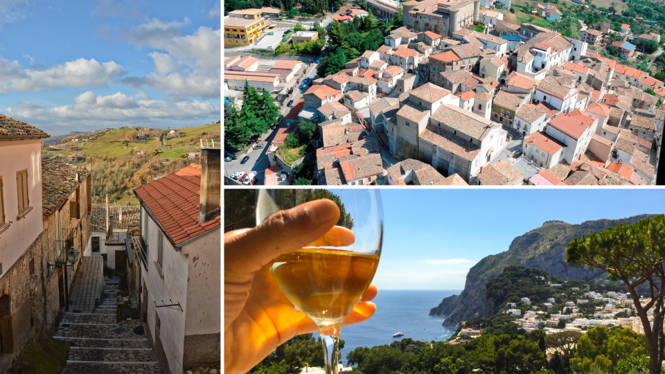 Pictured: Aerial shots of Italian town Zungoli, and a person holding a glass of wine in Campania. Images: Getty