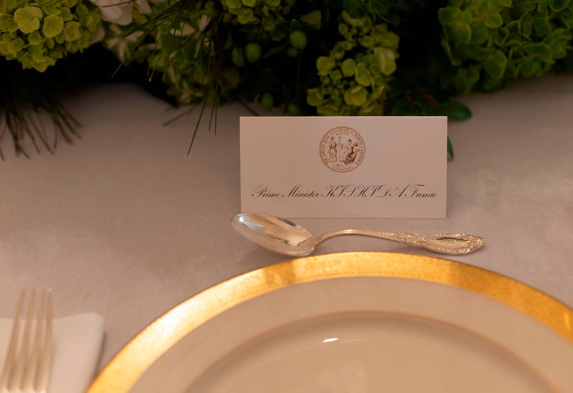 The place setting for Japanese Prime Minister Fumio Kishida, during a luncheon in his honor at the Executive Mansion on Friday, April 12, 2024 in Raleigh, N.C. Robert Willett/rwillett@newsobserver.com