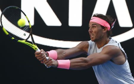 Tennis - Australian Open - Rod Laver Arena, Melbourne, Australia, January 17, 2018. Rafael Nadal of Spain hits a shot against Leonardo Mayer of Argentina. REUTERS/Thomas Peter