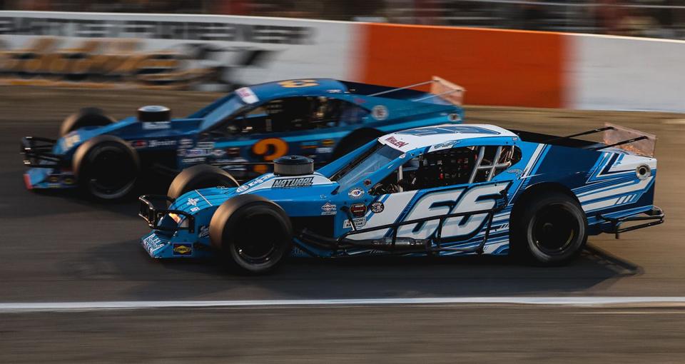 Timmy Solomito, driver of the Jerry Solomito, Sr. Modified, races during the Miller Lite Salutes Mike Ewanitsko 200 for the Whelen Modified Tour at Riverhead Raceway on June 24, 2023 in Riverhead, New York. (Dakota Moyer/NASCAR)