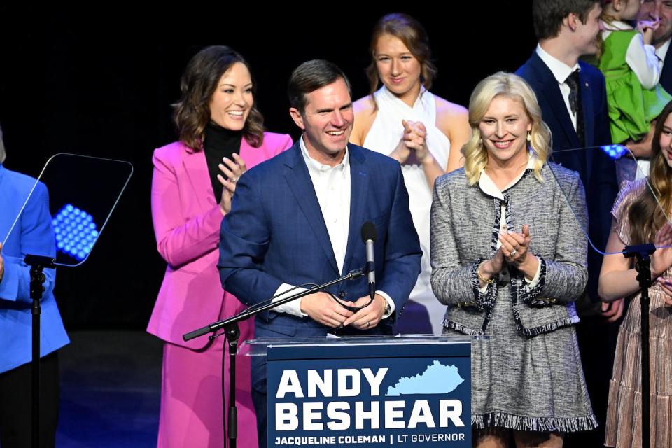 Kentucky Gov. Andy Beshear, who campaigned on abortion rights, delivered his victory speech on Nov. 7, 2023. <a href="https://www.gettyimages.com/detail/news-photo/kentucky-incumbent-democratic-gov-andy-beshear-is-joined-by-news-photo/1781193061?adppopup=true" rel="nofollow noopener" target="_blank" data-ylk="slk:Stephen Cohen/Getty Images;elm:context_link;itc:0;sec:content-canvas" class="link ">Stephen Cohen/Getty Images</a>