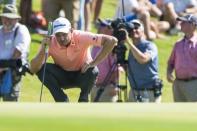 May 26, 2018; Fort Worth, TX, USA; Justin Rose lines up his shot on the eighteenth hole during the third round of the Fort Worth Invitational golf tournament at Colonial Country Club. Mandatory Credit: Jerome Miron-USA TODAY Sports
