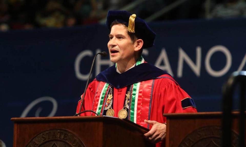 Fresno State President Saúl Jiménez-Sandoval delivered his remarks in Spanisih at the 47th Chicano/Latino Commencement Celebration at the Save Mart Center on May 20, 2023.