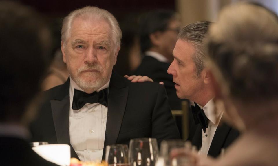 Brian Cox as flawed demigod Logan Roy and Alan Ruck as delusional son Connor in Succession.