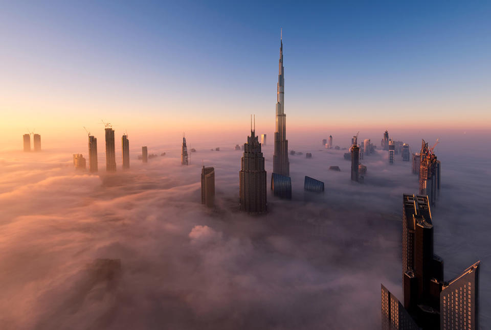 Thick fog covers Dubai skyline