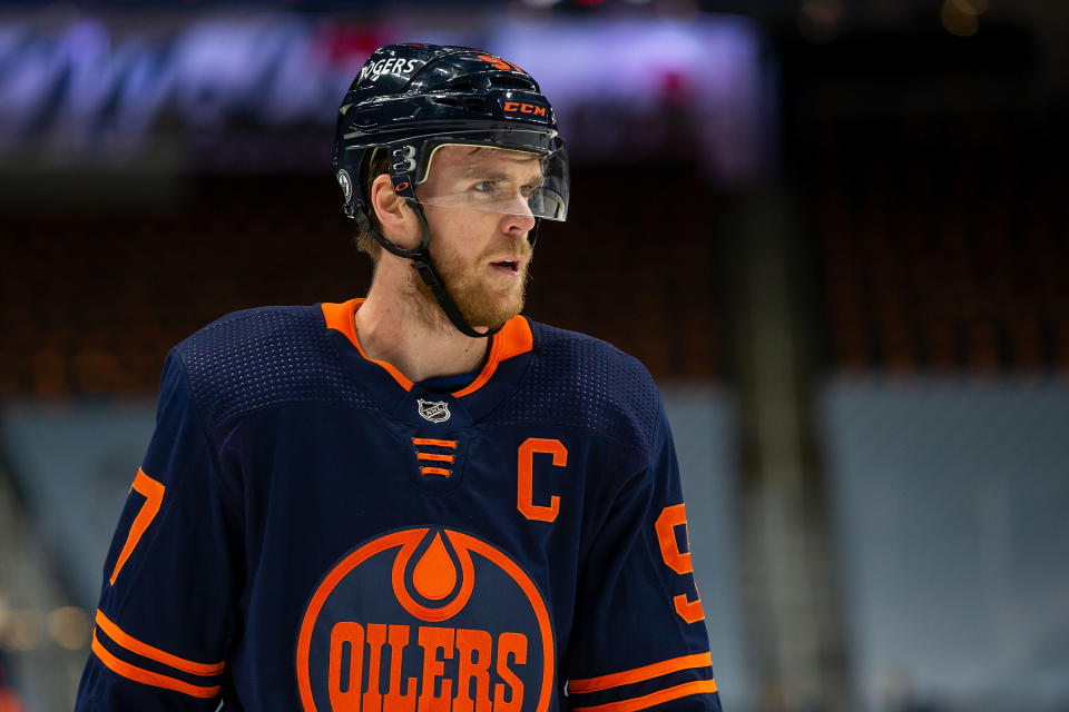 EDMONTON, AB - MAY 21: Connor McDavid #97 of the Edmonton Oilers skates against the Winnipeg Jets during Game Two of the First Round of the 2021 Stanley Cup Playoffs at Rogers Place on May 21, 2021 in Edmonton, Canada. (Photo by Codie McLachlan/Getty Images)