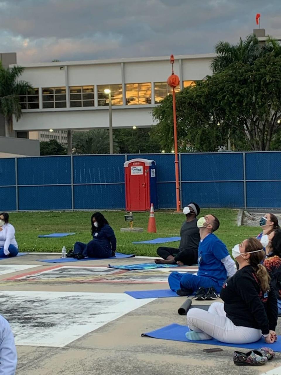 Kula for Karma, a national organization that offers yoga, meditation, and stress management programs in hospitals, schools, and prisons, has been offering sessions at Mount Sinai Medical Center in Miami Beach and at Jackson Memorial Hospital.  Here, a session is being held at Jackson.