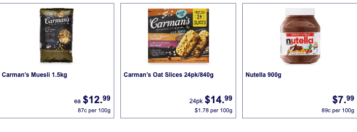 Carman's muesli, Carman's oat slices and Nutella bulk packs on sale at Aldi on August 28.