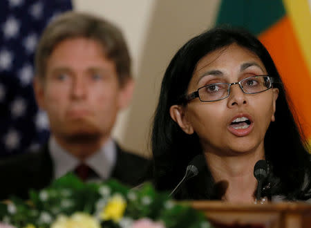 Nisha Biswal, U.S. assistant secretary of state for South and Central Asian Affairs (R) speaks next to Tom Malinowski, Central Asian Affairs and Assistant Secretary of State (L) after meeting Sri Lanka's Minister of Foreign Affairs Mangala Samaraweera (not pictured) in Colombo, Sri Lanka July 12, 2016. REUTERS/Dinuka Liyanawatte