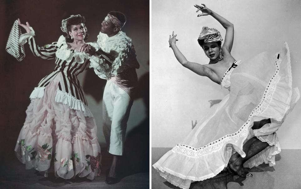 A side-by-side collage of two photos featuring Katherine Dunham dancing