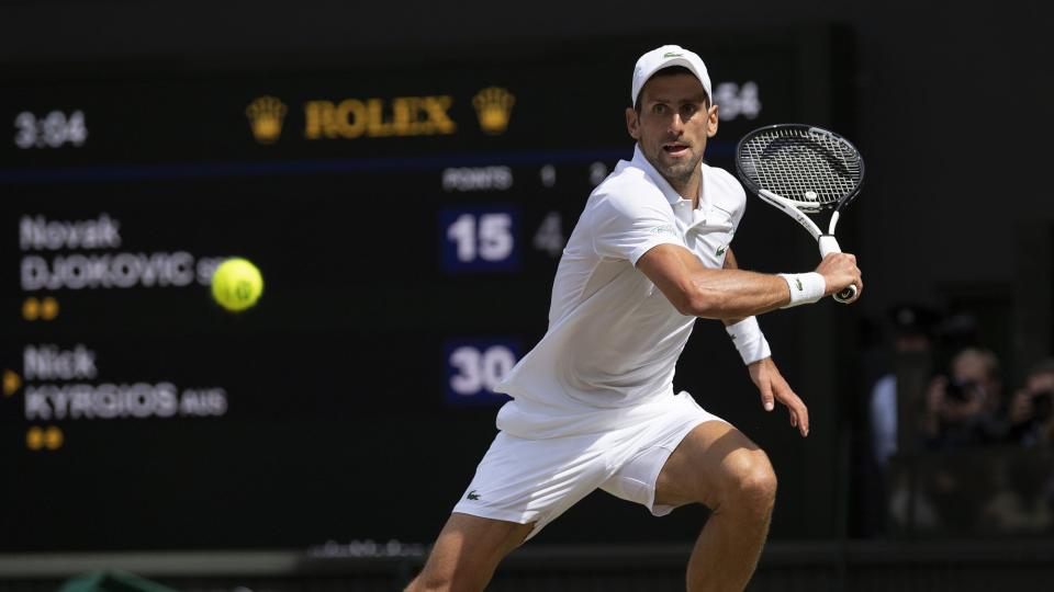 LONDON, ENGLAND - JULY 10: Novak Djokovic of Serbia during his match against Nick Kyrgios of Australia during their Men's Singles Final match on day fourteen of The Championships Wimbledon 2022 at All England Lawn Tennis and Croquet Club on July 10, 2022 in London, England. (Photo by Visionhaus/Getty Images)