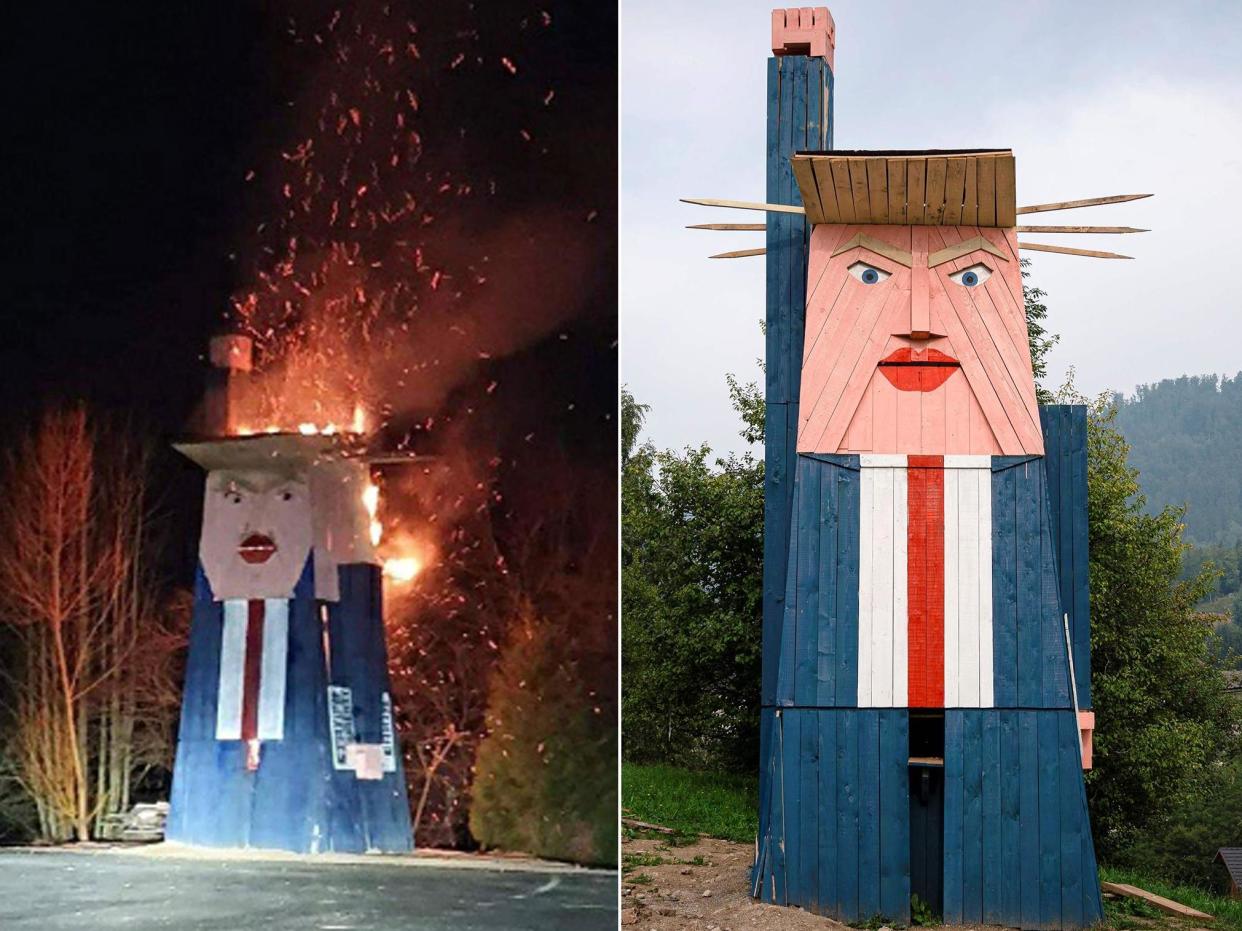 The wooden eight-meter high statue mocking US President Donald Trump that was constructed last year has been destroyed by fire in the homeland of his wife Melania Trump: AFP