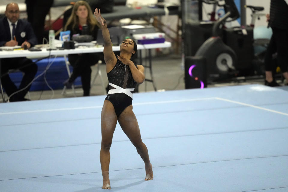 Gabby Douglas performs her floor routine while competing at the American Classic Saturday, April 27, 2024, in Katy, Texas. (AP Photo/David J. Phillip)