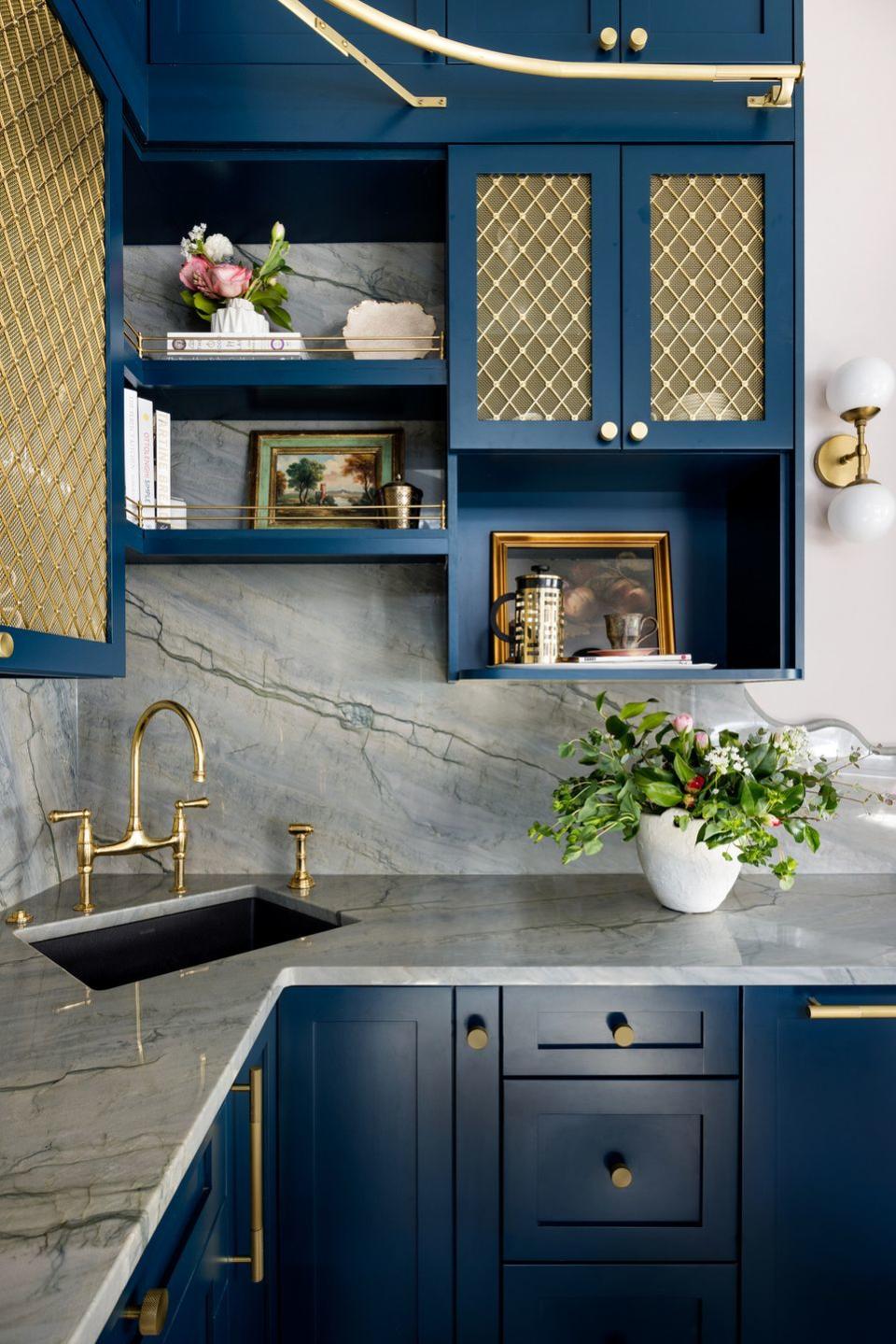 reena ravis studio kitchen faucet perrin rowe countertop infinity blue quartzite\, metamarble granitea corner sink frees up counter space in designer reena ravis small but bold studio kitchen faucet perrin rowe countertop infinity blue quartzite\, meta marble granite