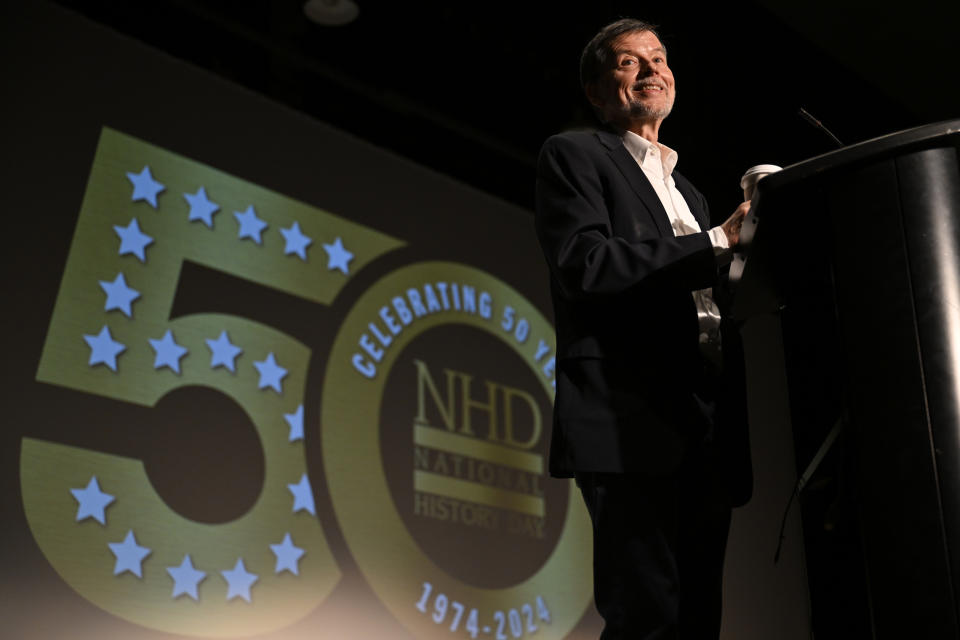 Documentary filmmaker Ken Burns speaks at a session with high school students at the National History Day event at the University of Maryland, Tuesday, June 11, 2024 in College Park. (AP Photo/John McDonnell)