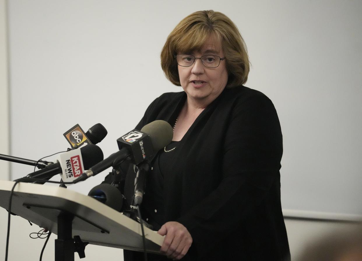 Maricopa County Attorney Rachel Mitchell answers reporters' questions on abortion laws in Maricopa County during a news conference on June 28, 2022.