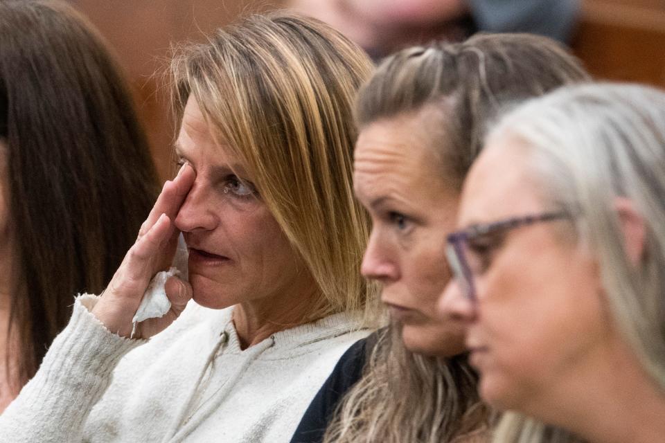 Cindy Rich, a longtime friend of Britney Watson, wipes tears from her eyes while listening with Ashely Brand and Dawn Fisher to the preliminary hearing for Kevin Watson on the charge of first-degree murder of his ex-wife Britney Watson at the Haywood County General Sessions Court in Brownsville, Tenn., on Tuesday, February 21, 2023.