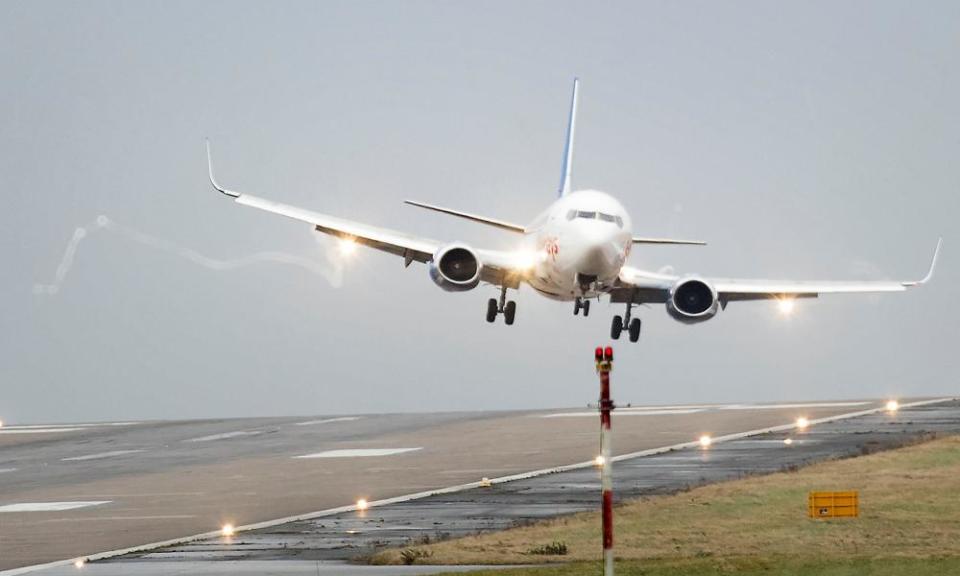 A plane comes in for landing at Leeds-Bradford airport.