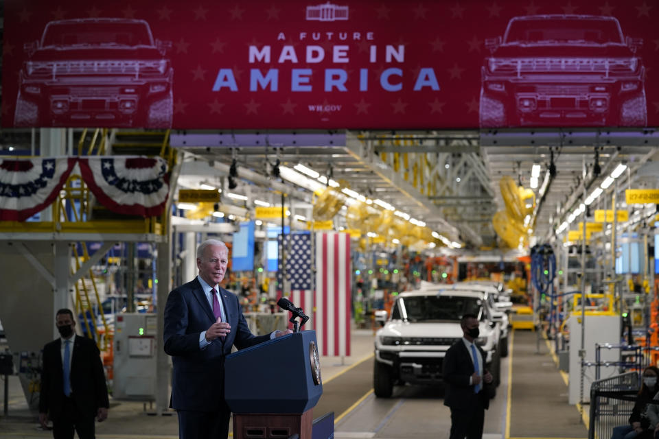 President Joe Biden speaks during a visit to the General Motors Factory ZERO electric vehicle assembly plant, Wednesday, Nov. 17, 2021, in Detroit. (AP Photo/Evan Vucci)