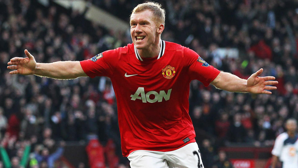 Paul Scholes, pictured here celebrating a goal for Manchester United in 2012. 