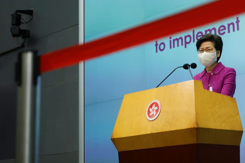 Hong Kong Chief Executive Carrie Lam speaks during a news conference over planned changes to the electoral system, in Hong Kong