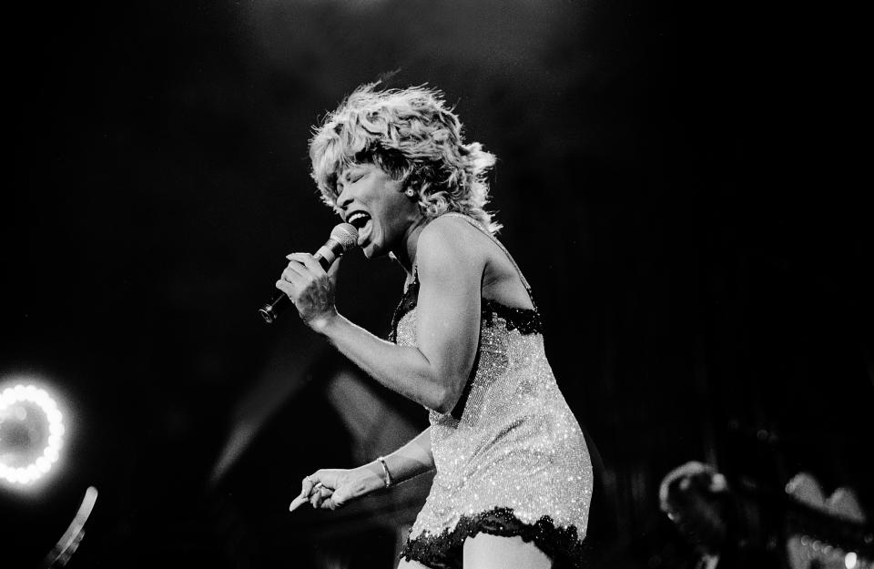 Image: Tina Turner performs at the World Music Theater, in Tinley Park, Ill., in 1997. (Paul Natkin / Getty Images)