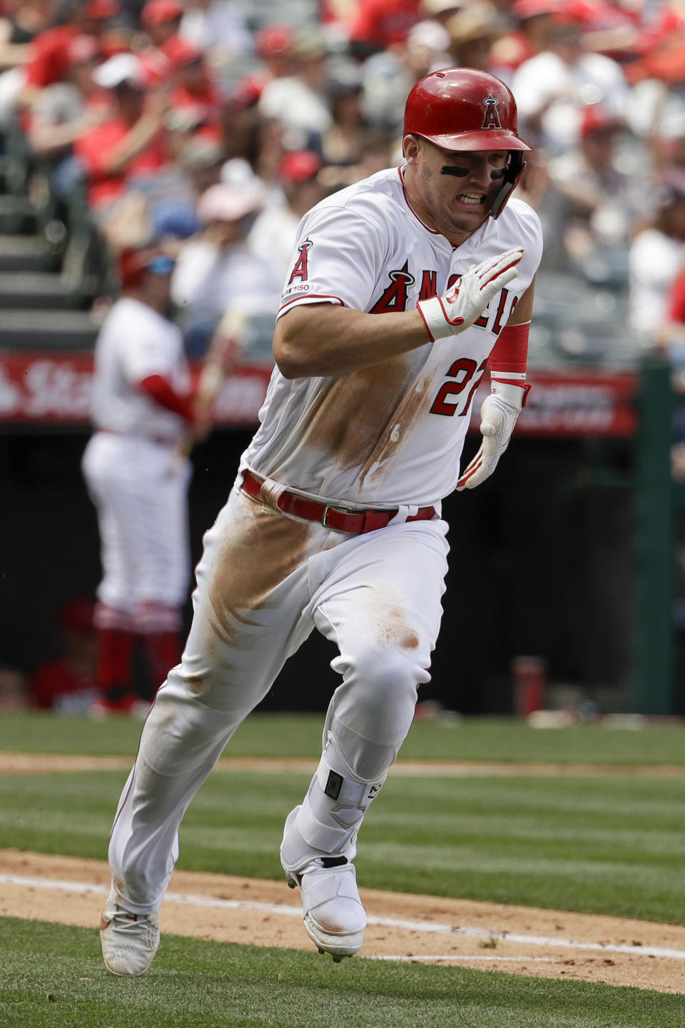 Los Angeles Angels' Mike Trout runs the bases after a double against the Seattle Mariners during the third inning of a baseball game in Anaheim, Calif., Sunday, April 21, 2019. (AP Photo/Chris Carlson)