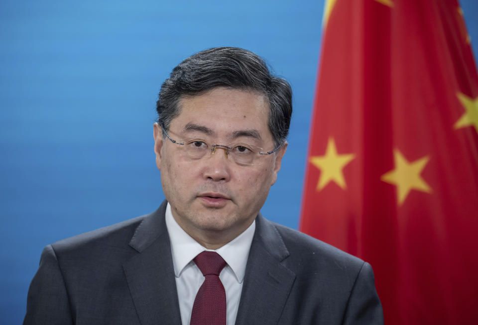 Foreign Minister of China Qin Gang speaks during a press conference after bilateral talks with Foreign Minister Baerbock at the Federal Foreign Office in Berlin, Tuesday, May 9, 2023. (Michael Kappeler/Pool photo via AP)