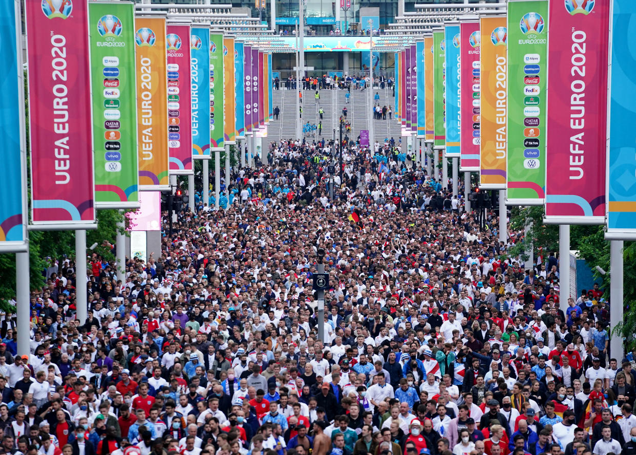 Fans leave Wembley stadium following the UEFA Euro 2020 round of 16 match between England and Germany. (PA)