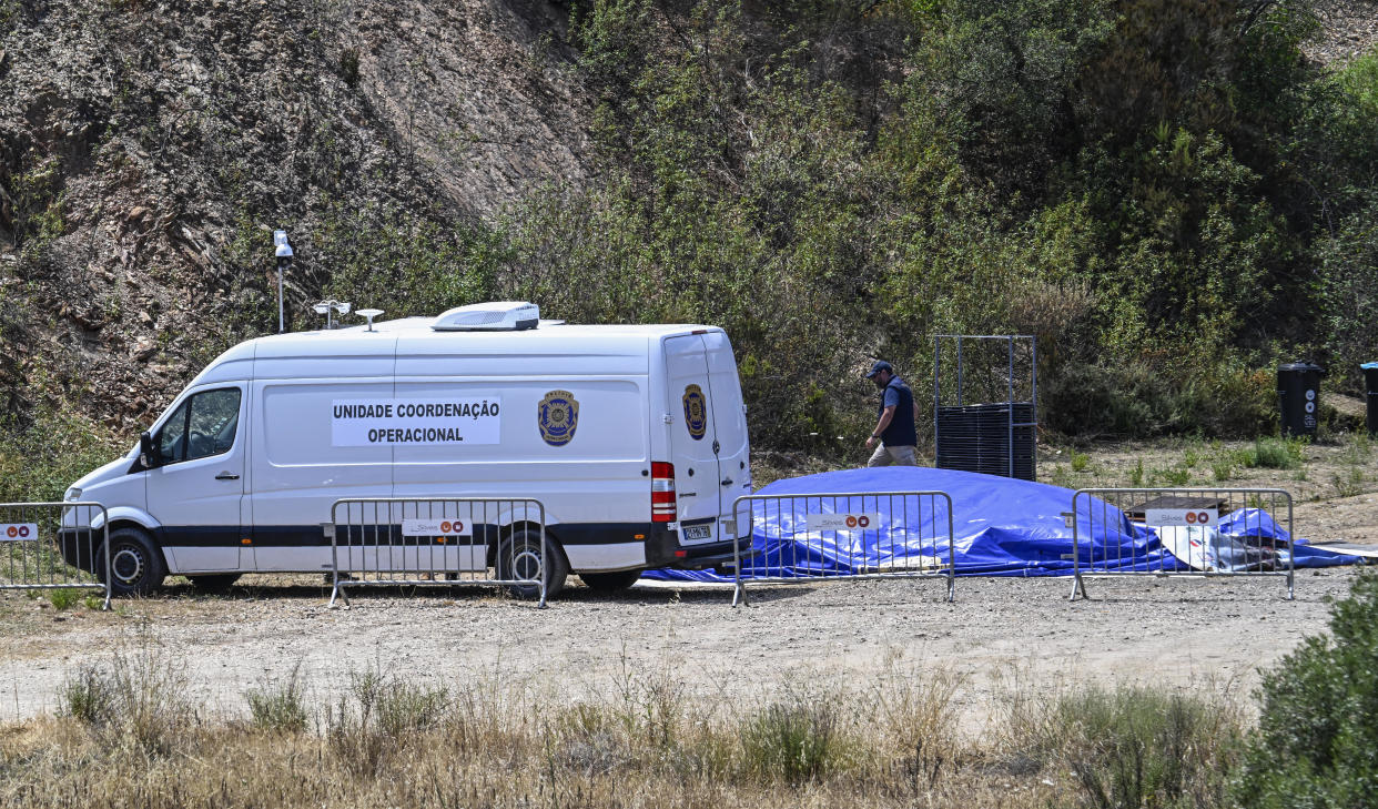 Portuguese police investigators dismantle their basecamp at the end of the three-day search for clues into the suspected murder of Madeleine McCann at Barragem do Arade Reservoir, May 25, 2023 in Silves, Portugal. / Credit: Horacio Villalobos/Getty