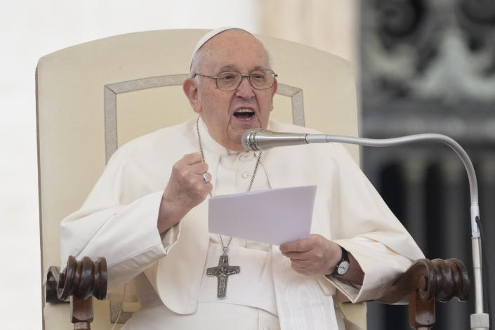 Pope Francis gestures as he speaks during his weekly general audience in St. Peter's Square at The Vatican, Wednesday, May 17, 2023. (AP Photo/Andrew Medichini)