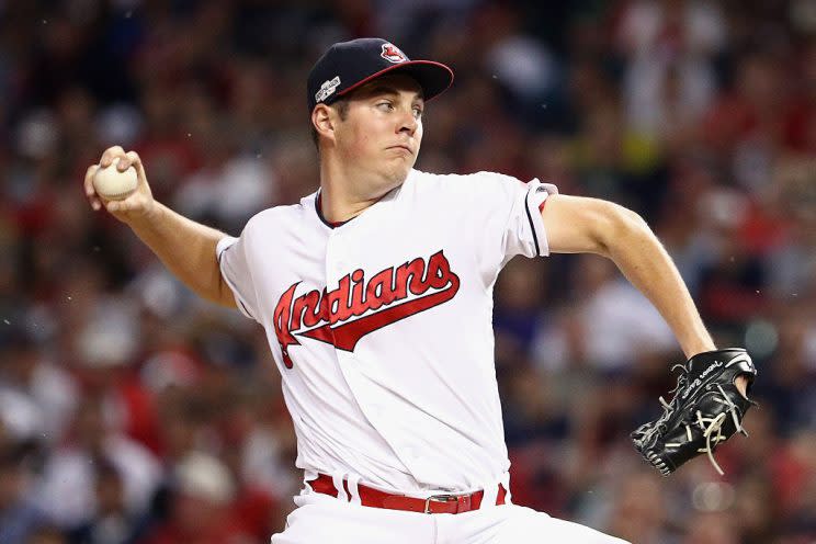 CLEVELAND, OH - OCTOBER 06: Trevor Bauer #47 of the Cleveland Indians throws a pitch in the second inning against the Boston Red Sox during game one of the American League Divison Series at Progressive Field on October 6, 2016 in Cleveland, Ohio. (Photo by Maddie Meyer/Getty Images)