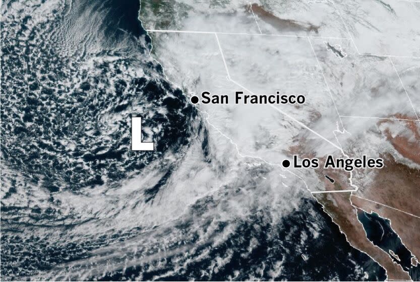 A satellite image of approaching storm off Central California.