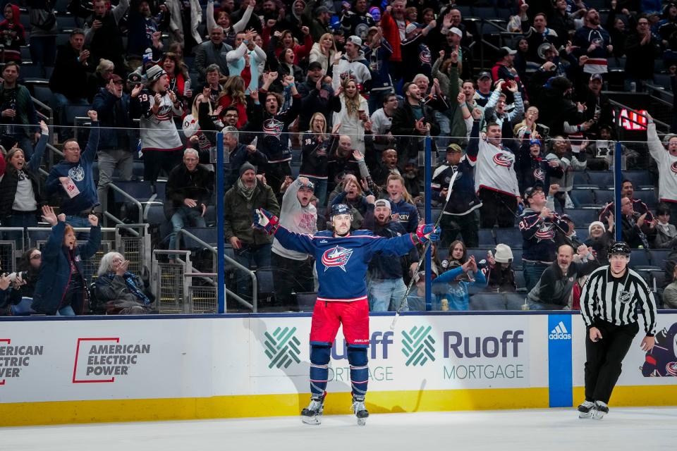 Nov 1, 2023; Columbus, Ohio, USA; Columbus Blue Jackets defenseman Erik Gudbranson (44) celebrates scoring a goal during the third period of the NHL hockey game against the Tampa Bay Lightning at Nationwide Arena. The Blue Jackets won 4-2.