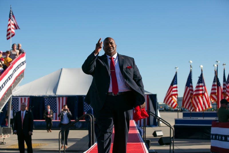 WILMINGTON, NC - SEPTEMBER 23: Mark Robinson, lieutenant governor of North Carolina, is seen during a Save America rally for former President Donald Trump at the Aero Center Wilmington on September 23, 2022 in Wilmington, North Carolina. The “Save America” rally was a continuation of Donald Trump’s effort to advance the Republican agenda by energizing voters and highlighting candidates and causes. - Photo: Allison Joyce (Getty Images)