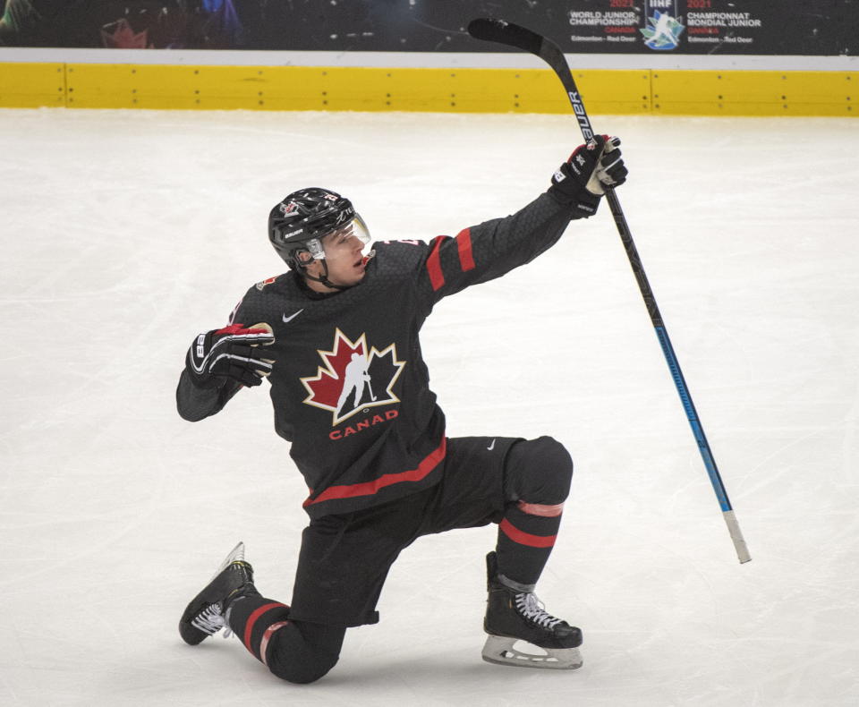 Canada's Nolan Foote celebrates after scoring their second goal of the game against the Czech Republic during the first period at the World Junior Hockey Championships on Tuesday, Dec. 31, 2019 in Ostrava, Czech Republic. (Ryan Remiorz/The Canadian Press via AP)