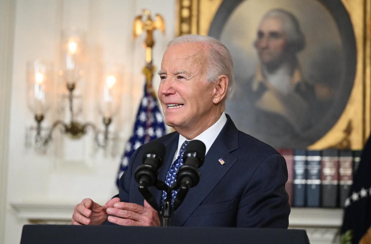 President Joe Biden speaks about the Special Counsel report in the Diplomatic Reception Room of the White House in Washington, DC, on February 8, 2024.