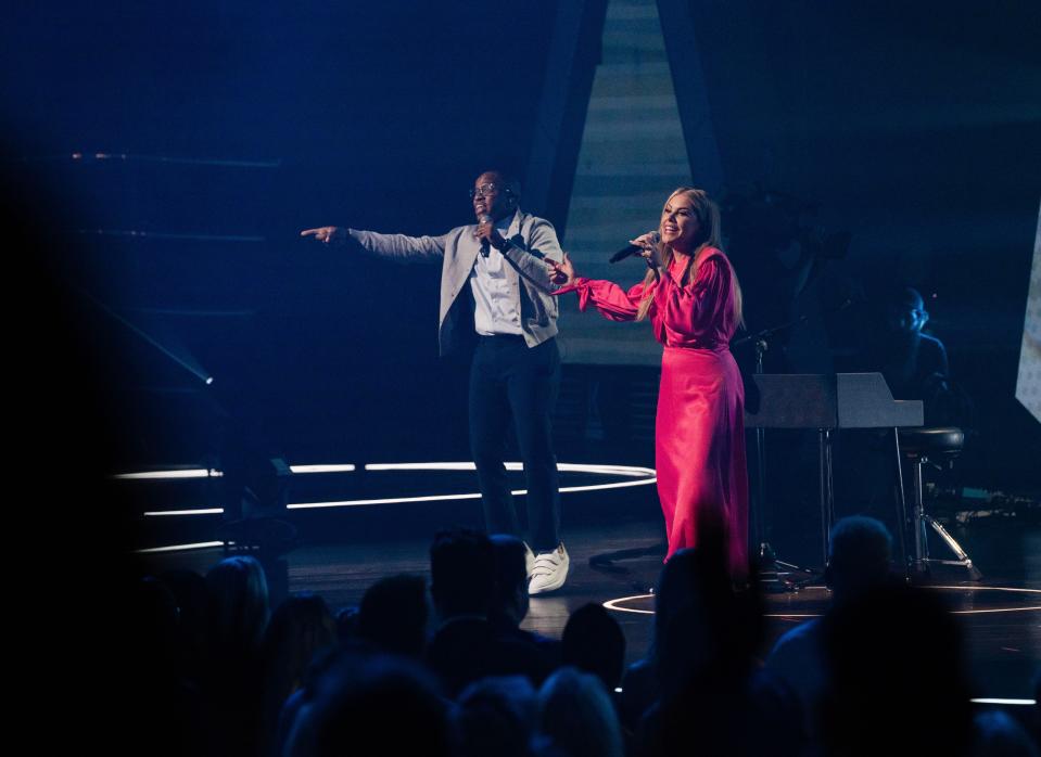 Tasha Layton (right) performs with Jon Reddick at the K-Love Fan Awards at the Grand Ole Opry on May 28, 2023; Nashville, TN, USA;  Mandatory Credit: Sarah White-The Tennessean