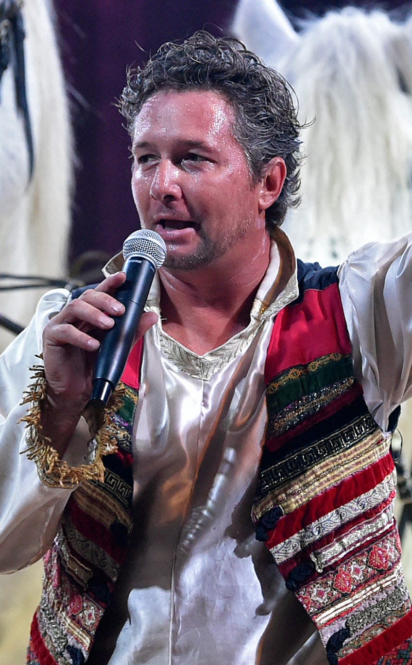 Olissio Zoppe, founder and owner of Cirque Ma'Ceo, during a performance in Sarasota in 2019. Zoppe claims that he had to euthanize Ben Hur de Bernaville, a rare Boulonnais horse, after the horse showed symptoms of severe colic and a poor outcome was decided if surgery was pursued.