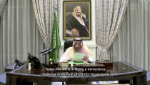 In this image made from UNTV video, King Salman of Saudi Arabia, speaks in a pre-recorded message which was played during the 75th session of the United Nations General Assembly, Wednesday, Sept. 23, 2020, at UN headquarters. (UNTV via AP)