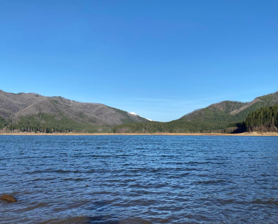 Detroit Lake is seen from the shore at Detroit Lake State Recreation Area on April 27, 2023.