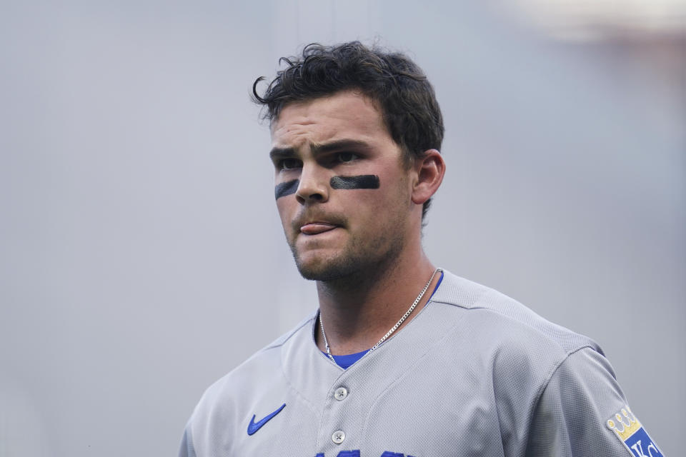 Kansas City Royals' Michael Massey reacts after striking out against the Minnesota Twins during the first inning of a baseball game Monday, Aug. 15, 2022, in Minneapolis. (AP Photo/Abbie Parr)