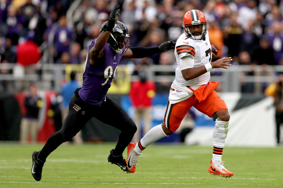 Jacoby Brissett and the Browns are 2-5 and in danger of falling out of the playoff push Deshaun Watson was supposed to lead when he returns. (Photo by Patrick Smith/Getty Images)