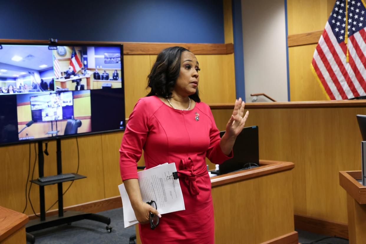 Attorney Fani Willis speaks during a hearing in the case of State of Georgia v. Donald John Trump at the Fulton County Courthouse in Atlanta, Georgia, U.S., February 15, 2024. REUTERS/Alyssa Pointer/Pool ORG XMIT: LIVE (Via OlyDrop)